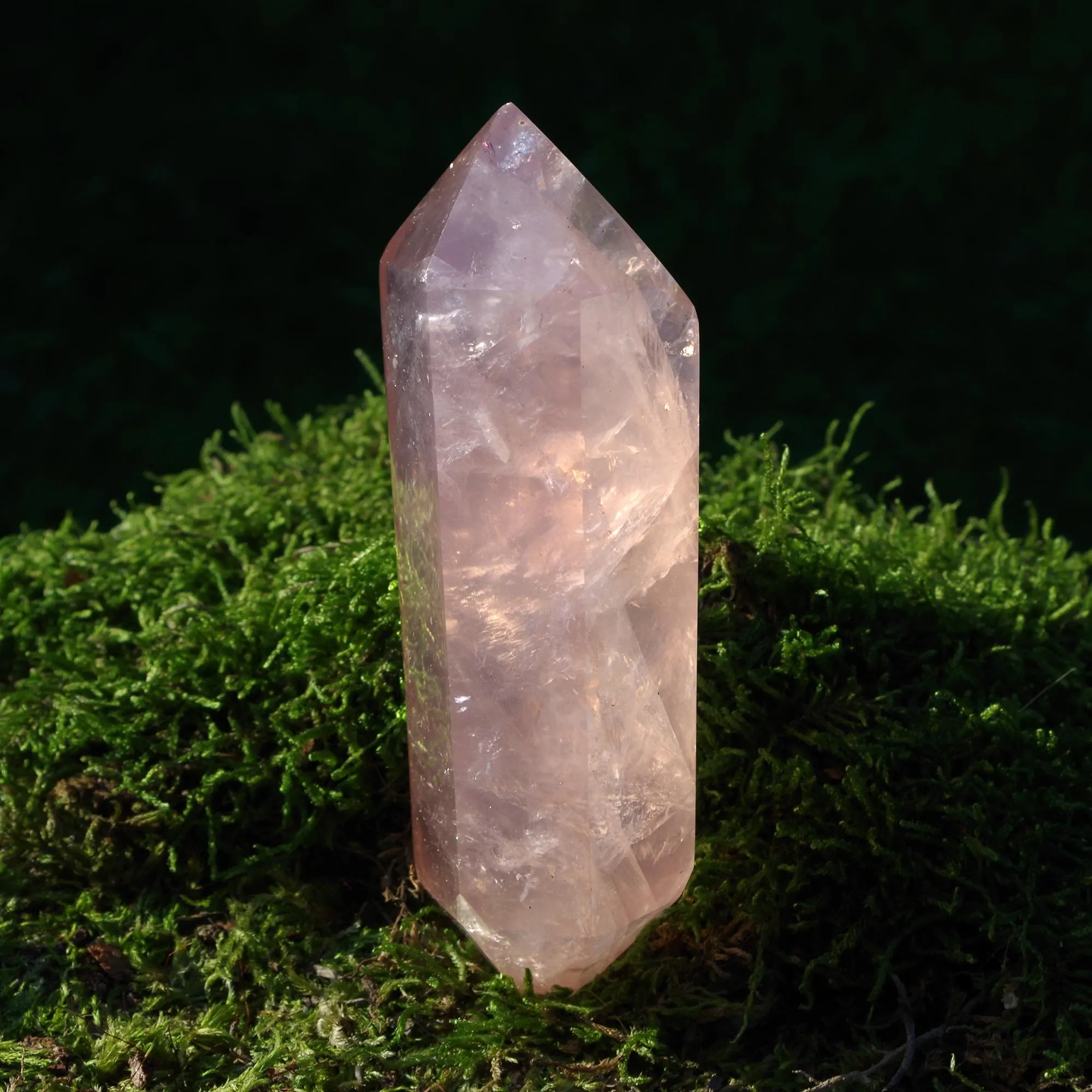 Hochwertiger, polierter, doppelendig geschliffener rosa Rosenquarzkristall aus Madagaskar