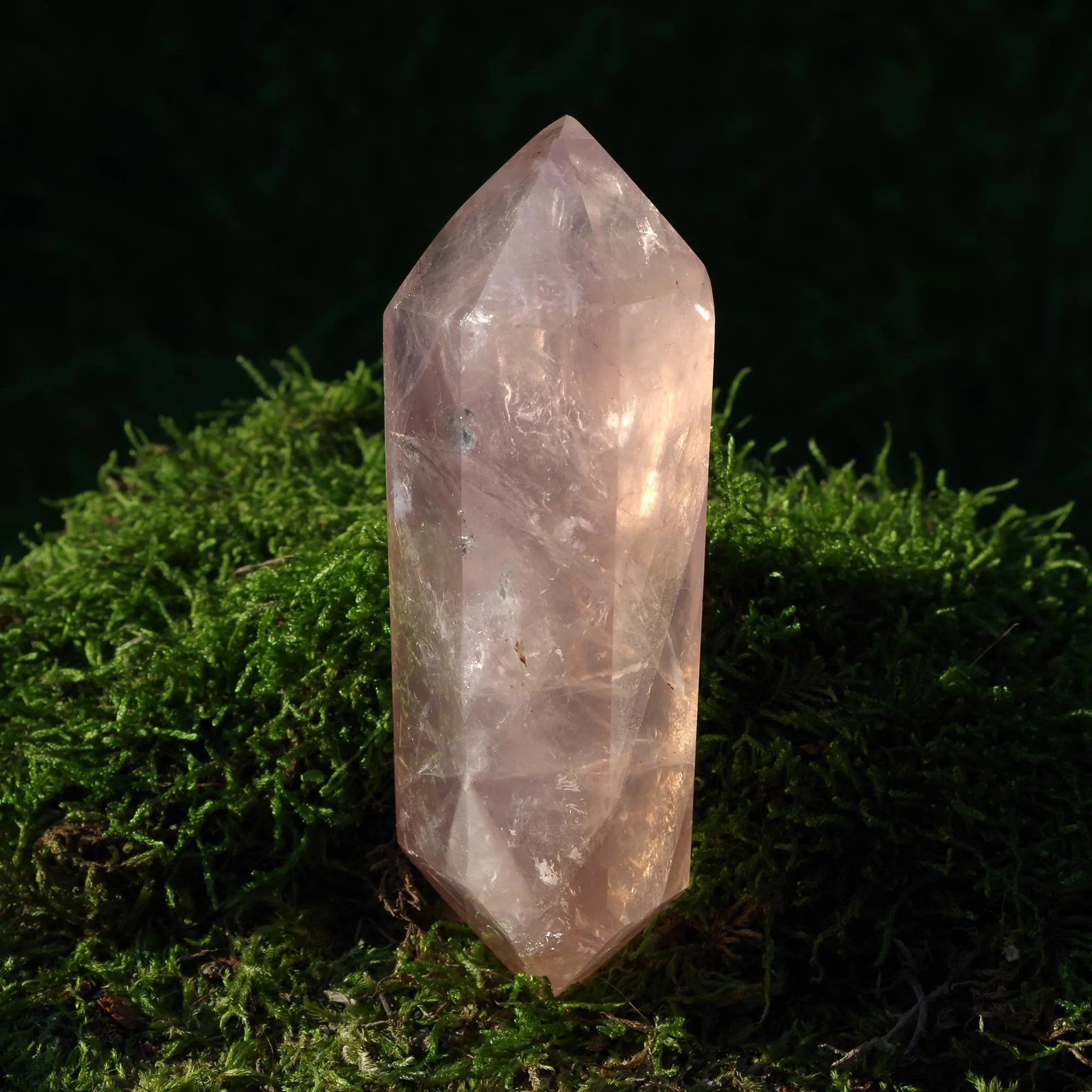 Hochwertiger, polierter, doppelendig geschliffener rosa Rosenquarzkristall aus Madagaskar